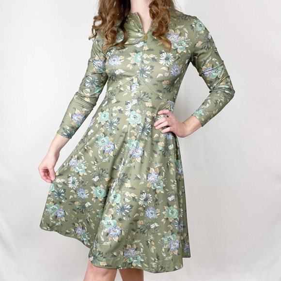 Vintage Union Made 60s 70s Floral Midi Dress Long Sleeve Fit & Flare Romantic - Picture 3 of 8